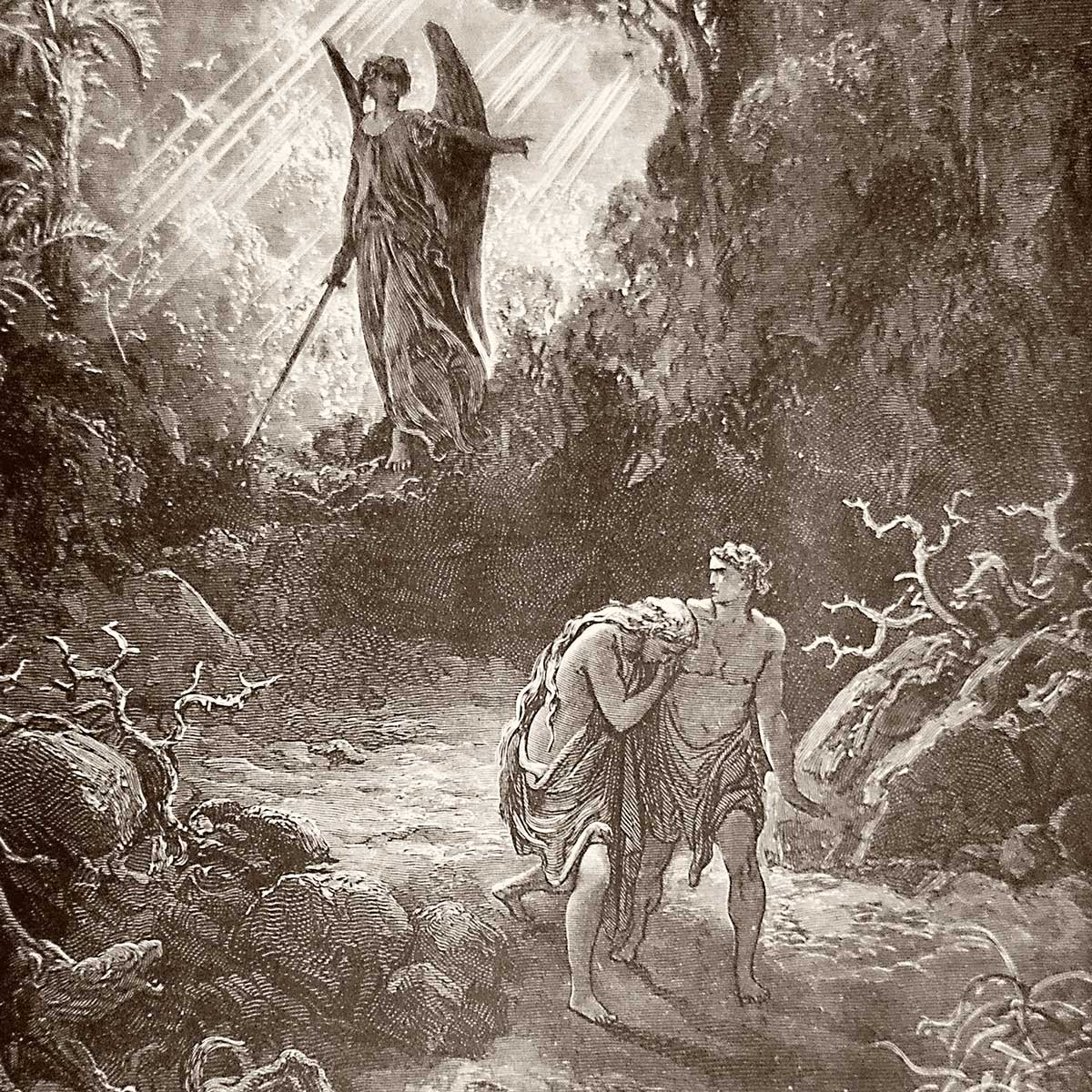 Aatami ja Eeva pakenemassa paratiisista - yksityiskohta Gustave Dorén piirroksesta