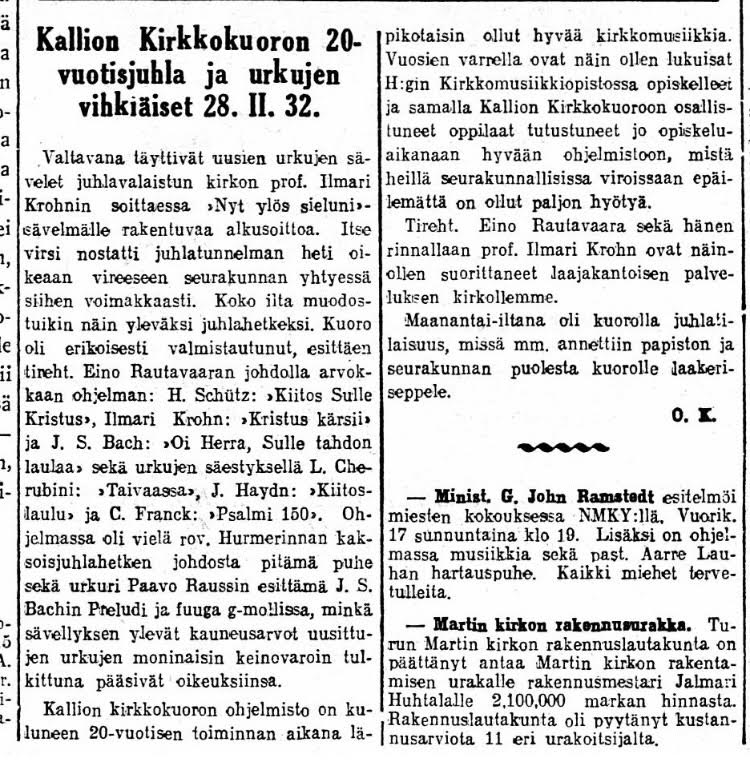 Lehtileike: Kallon kirkkokuoron 20-vuotisjuhlat ja urkujen vihkiäiset 28. 2. 1932